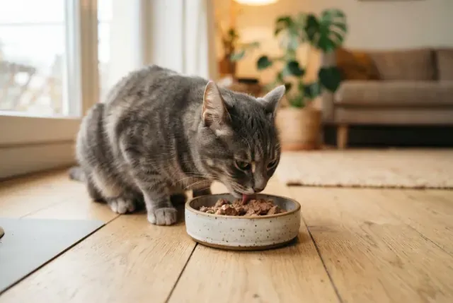 A grey tabby cat eating from its bowl