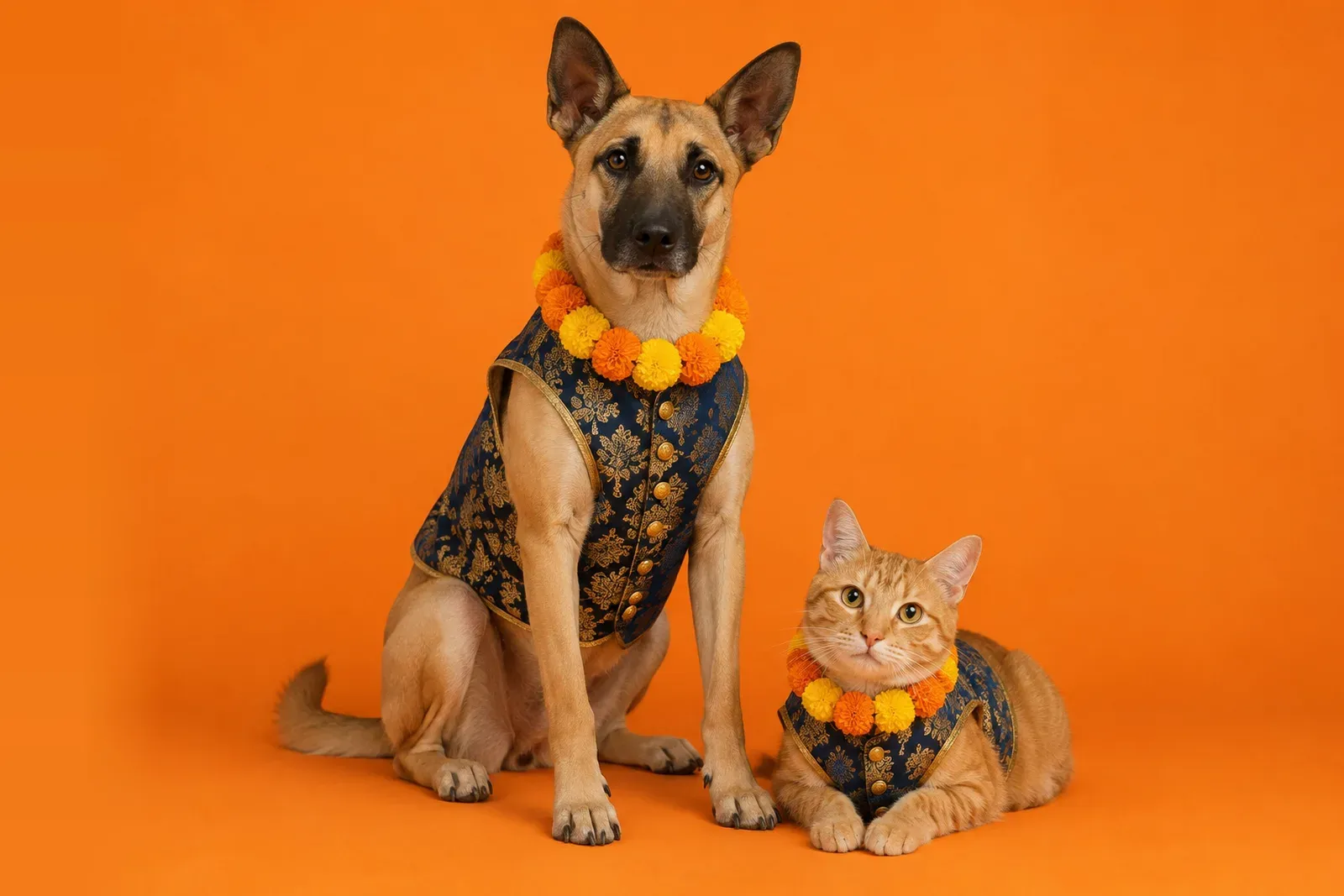 A dog and a cat in matching festive jackets with marigold garlands
