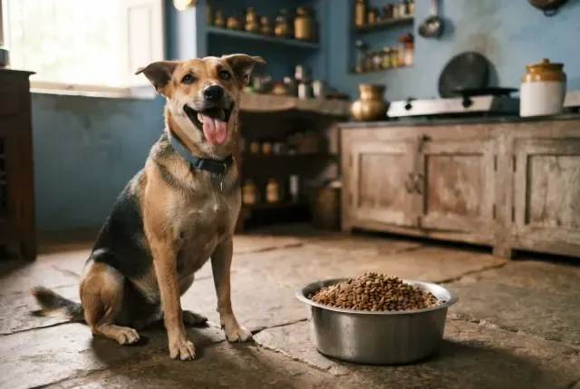 A happy dog sitting beside a full steel bowl of kibble