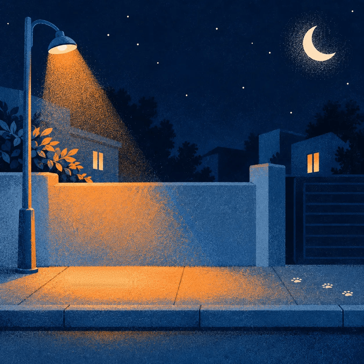 A quiet street at night, where a dog eats from a bowl left beneath a street lamp