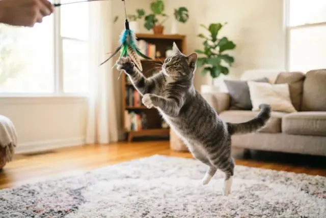 A grey tabby leaping at a feather toy