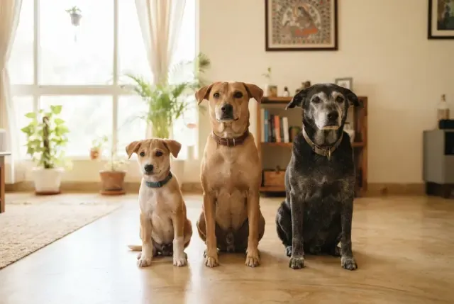 A puppy, an adult dog and a senior dog sitting in a row