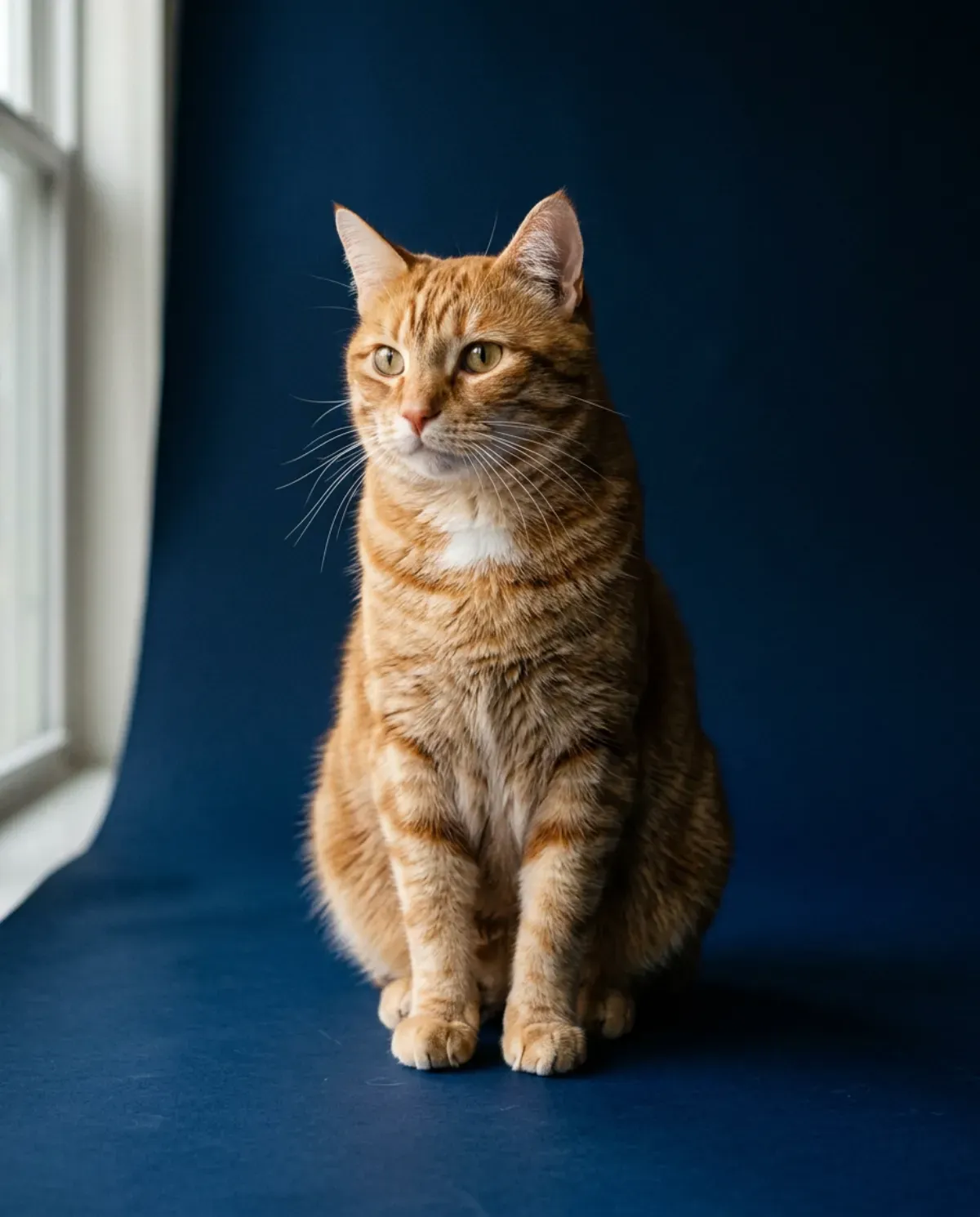A ginger tabby cat sitting against a navy backdrop
